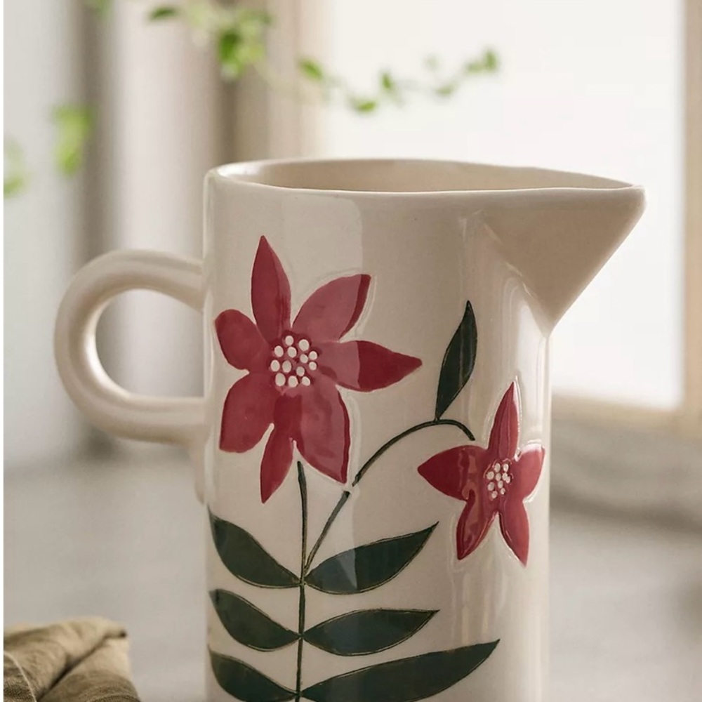 Anthropologie Ceramic Pitcher with Red Floral Design NWT